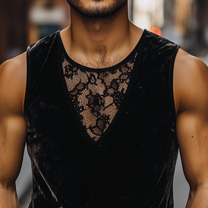 Men's Fashion Casual Round Neck Lace Stitching Velvet Tank Top