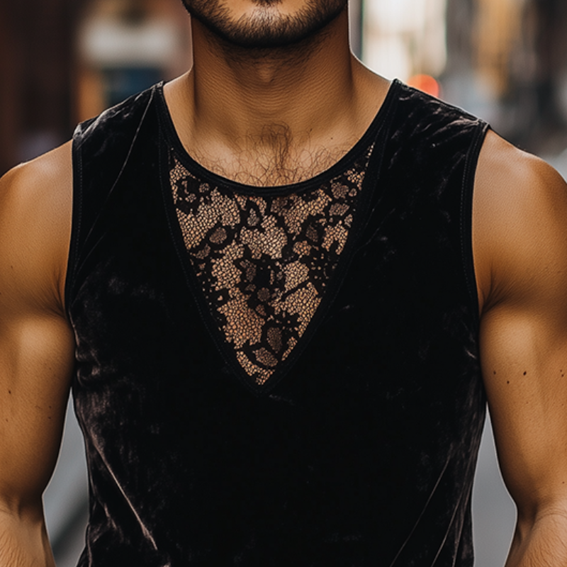 Herrenmode Lässiges Tanktop aus Samt mit Rundhalsausschnitt und Spitzennähten 