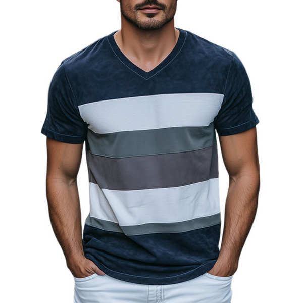 Men's Spring Fashion Personality Slim V-neck Suede Splicing Short Sleeve T-shirt