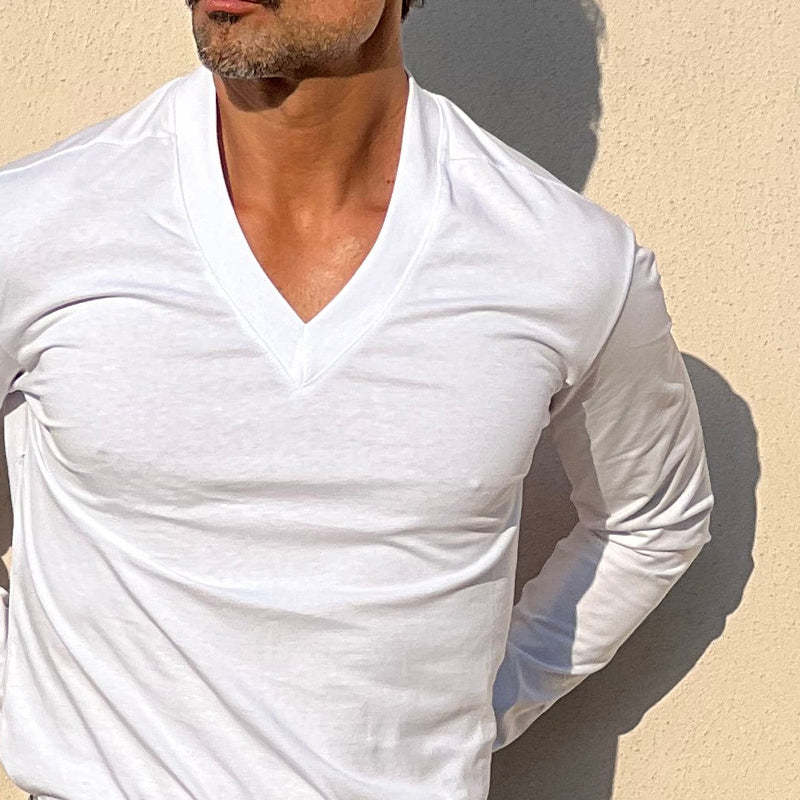 Men's Solid Color Blend V-Neck Long Sleeve T-Shirt