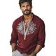 Men's Vintage Dark Red Deep V-Neck Embroidered Long Sleeve T-Shirt