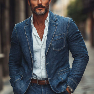 Men'S Dark Blue Textured Washed Denim Blazer