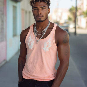 Men's Summer Casual Round Neck Pink Embroidered Tank Top