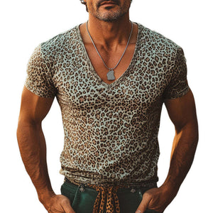 Men's Summer Comfortable V-Neck Leopard Print T-Shirt