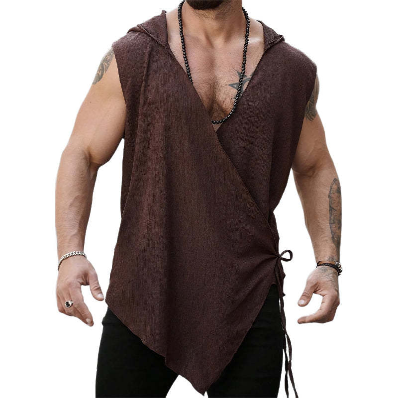 Braunes strukturiertes Tanktop mit Kapuze und gekreuzten Bändern für Herren