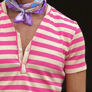Men's Casual Striped Henley Neck Short Sleeve T-Shirt