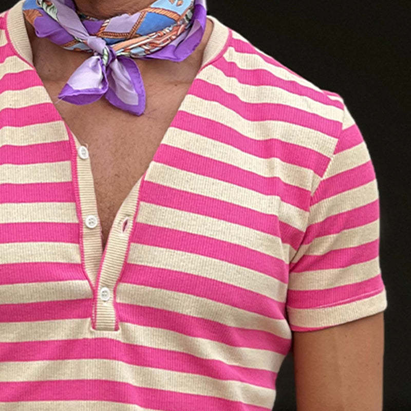 Men's Casual Striped Henley Neck Short Sleeve T-Shirt