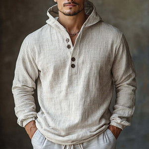 Men's Skin-friendly Off-White Cotton And Linen Long-sleeved Hoodie