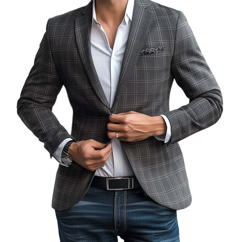 Men's Spring And Autumn Basic Gray Plaid Two-Button Blazer