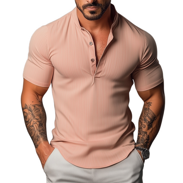 Men's Retro Casual Stand Collar Elastic Short Sleeve Shirt