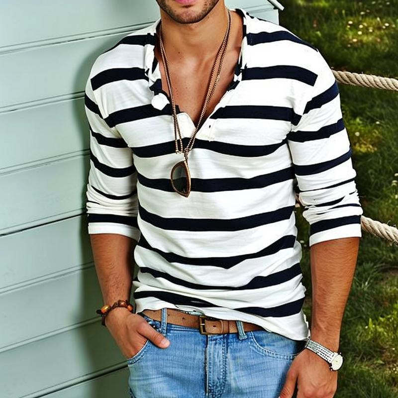 Men's Casual Striped Henley Collar Long Sleeve T-Shirt
