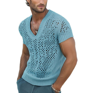 Sommermode für Herren, V-Ausschnitt, gestricktes Mesh, atmungsaktives T-Shirt