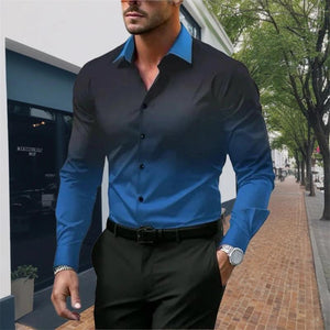 Men's Gradient Lapel Button Loose Long Sleeve Shirt