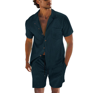 Men's Solid Color Short Sleeve Shorts Holiday Two-piece Set