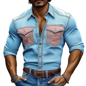 Men's Vintage Western Cowboy Embroidered Button Up Shirt