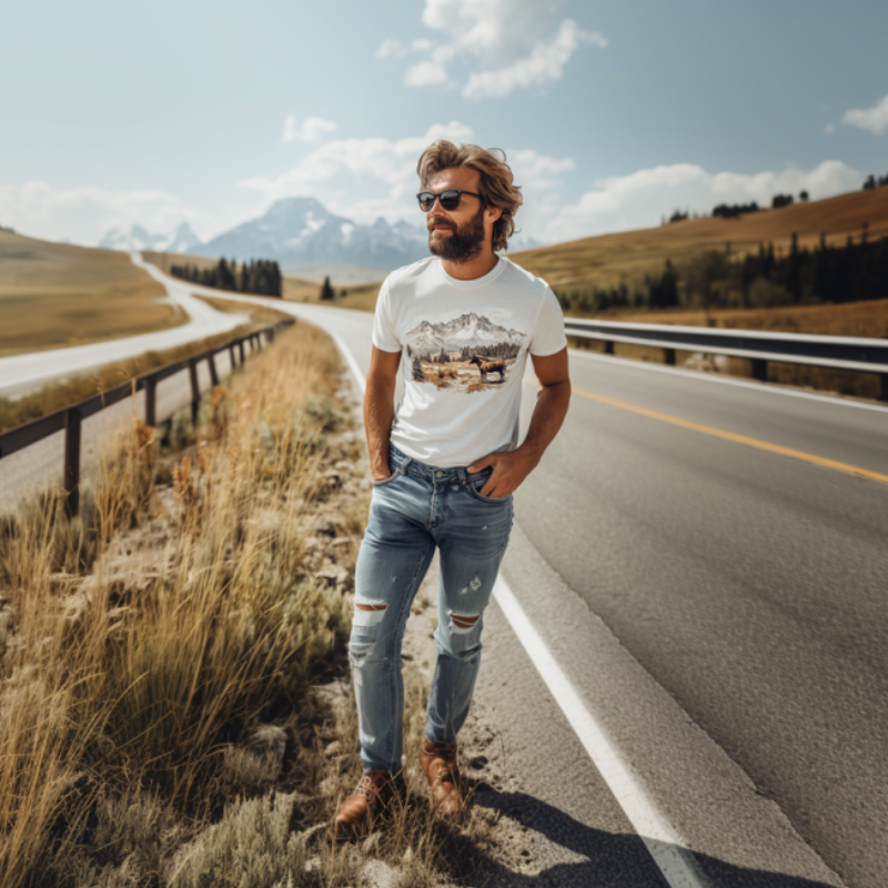 Lässiges, bedrucktes Kurzarm-T-Shirt aus Baumwolle der Yellowstone Park-Serie für Herren