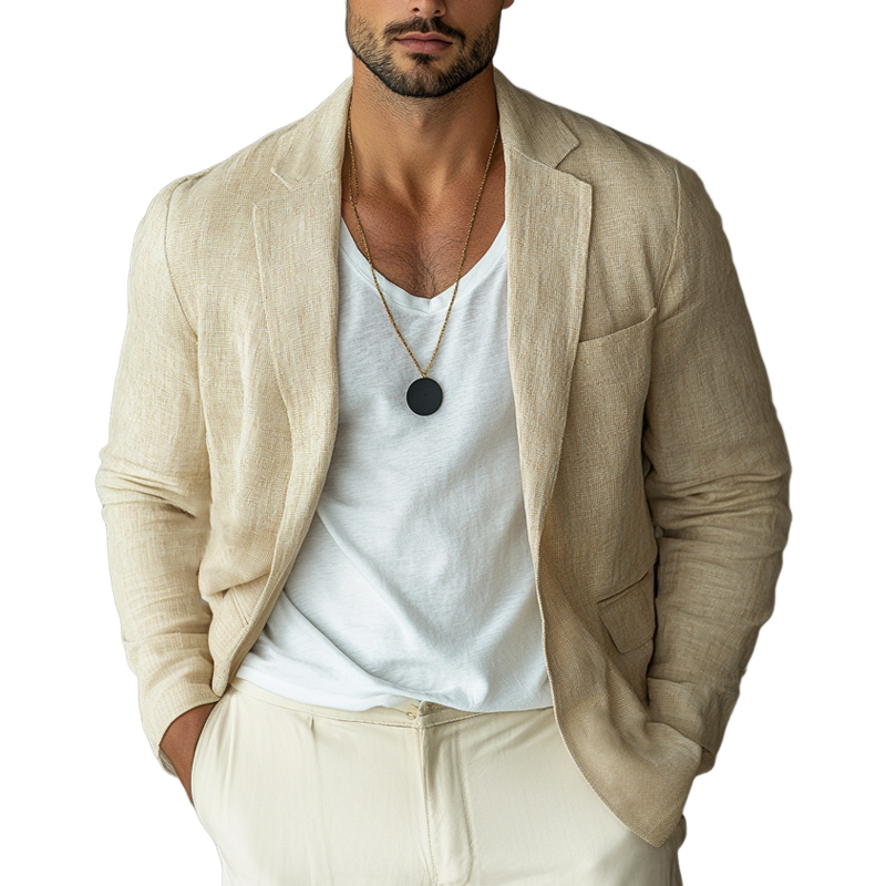 Lässiger Herrenblazer aus Baumwolle und Leinen mit Revers in Apricot