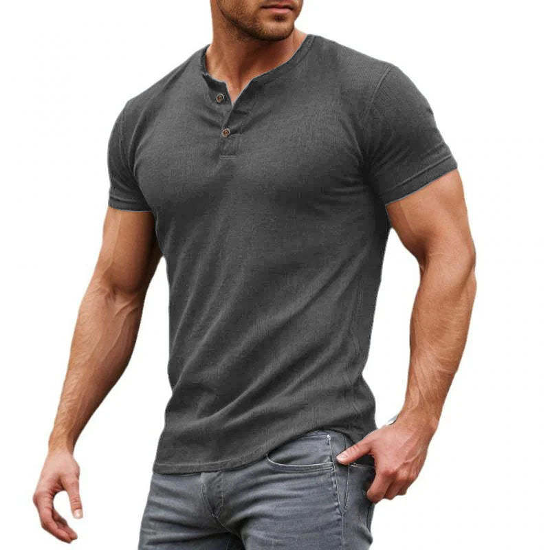 Men's Casual Solid Cotton Blend Slim Fit Henley Neck Short Sleeve T-Shirt