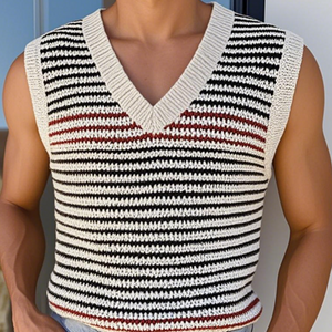 Men's Casual V Neck Contrast Color Striped Knitted Tank Top