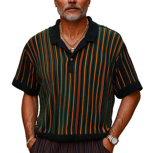 Herren-Strick-T-Shirt mit Retro-Colorblock-Muster und vertikalen Streifen