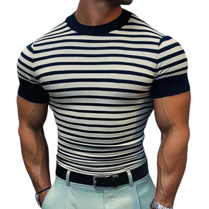 Men's Casual Round Neck Striped Knitted Loose Short Sleeve Sweater T-Shirt