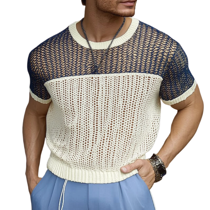 Men's Casual Round Neck Color Block Knitted Short Sleeve Sweater T-Shirt