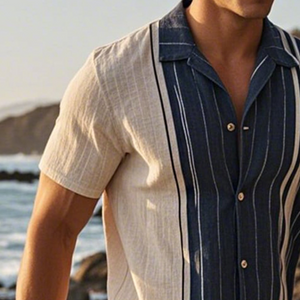 Men's Retro Casual Linen Striped Colorblock Printed Lapel Short Sleeve Shirt