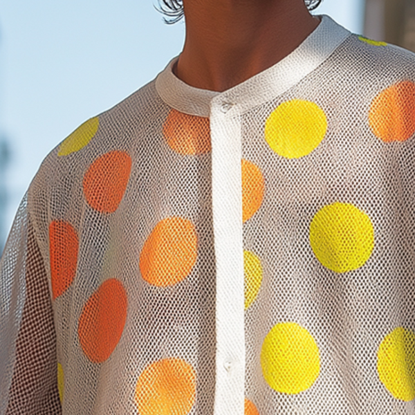 Men's Retro Casual Polka Dot Loose Stand Collar Short Sleeve Shirt