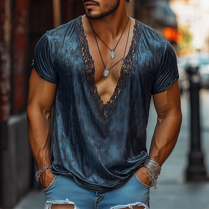 Men's Fashion Retro Sexy Lace Stitching Satin Printed Deep V Neck T-Shirt