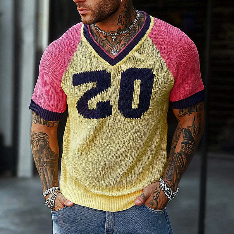 Men's Contrast Letter Jacquard Short Sleeve Knitted T-Shirt