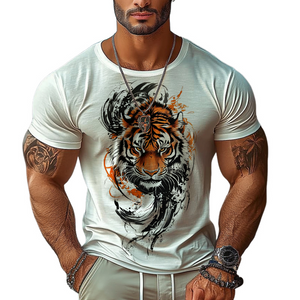 Men's Tiger Printed Round Neck Short Sleeve T-Shirt