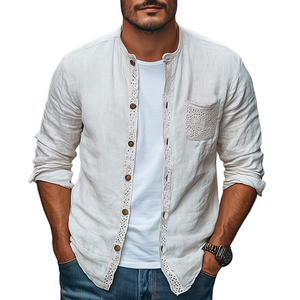 Men's Spring Fashion Lace Pocket Stitching Cotton And Linen Long Sleeve Shirt