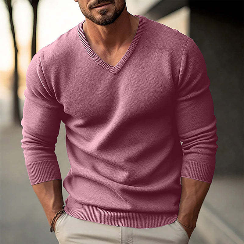 Einfarbiger, langärmliger Strickpullover mit V-Ausschnitt für Herren