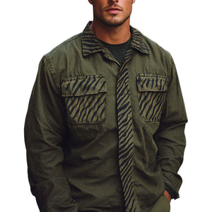 Herren Frühling und Herbst Army Green Splicing Printed Langarmhemd
