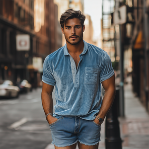 Men's Spring Fashion Deep V-Neck Sexy Lace Stitching Velvet Short-Sleeved POLO Shirt