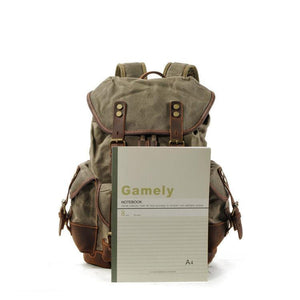 Herren-Rucksack aus Vintage-Canvas-Nähten und Leder mit mehreren Taschen