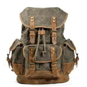 Herren-Rucksack aus Vintage-Canvas-Nähten und Leder mit mehreren Taschen