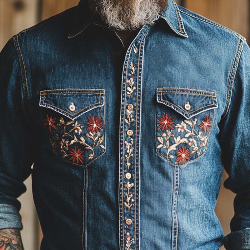 Dunkelblaues Vintage-Jeanshemd mit Stickerei und Waschung für Herren
