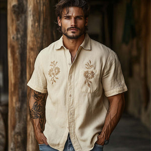 Men's Casual Khaki Tencel Vintage Embroidered Short-sleeved Shirt