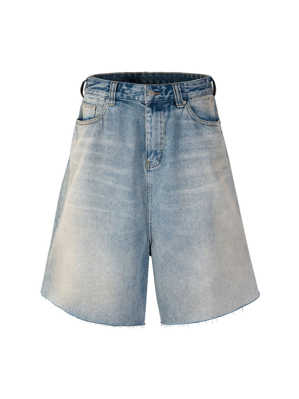 Retro Washed Distressed Raw Edge Denim Jort