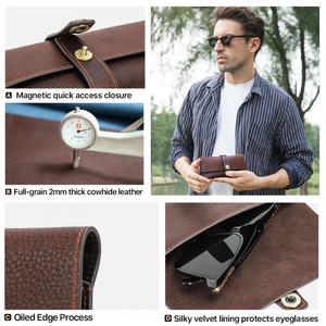 Men's Portable Handmade Top Layer Cowhide Magnetic Buckle Glasses Storage Bag