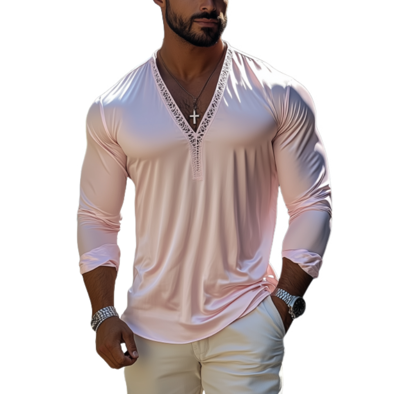 Herrenmode Lässiges, sexy T-Shirt mit tiefem V-Ausschnitt und langen Ärmeln aus Spitze und Satin