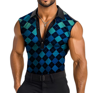 Men's Casual Diamond Mesh Print Lapel Tank Top