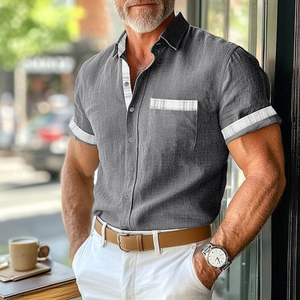 Men's Casual Cotton Linen Plaid Patchwork Lapel Slim Short-Sleeved Shirt