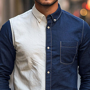 Herrenhemd aus Baumwolle und Leinen mit Kontrastnähten für Frühling und Herbst