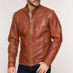 Herren Vintage Orange Lederjacke mit Druckknopfkragen und Reißverschluss