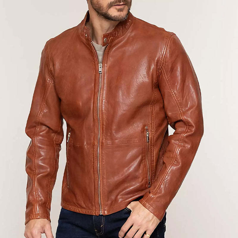 Men's Vintage Orange Snap Collar Zipper Leather Jacket