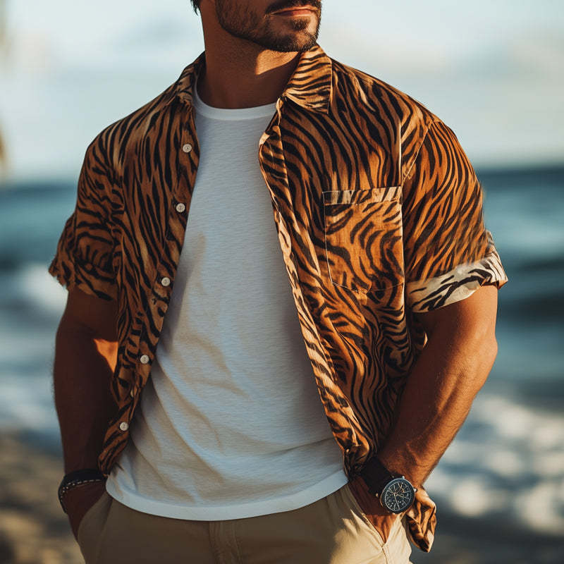 Herren Sommer Retro Tiger Print Lässiges Kurzarmhemd