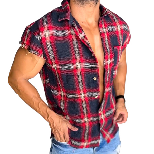 Men's Retro Casual Linen Plaid Print Lapel Short Sleeve Shirt MTA2779C2TO