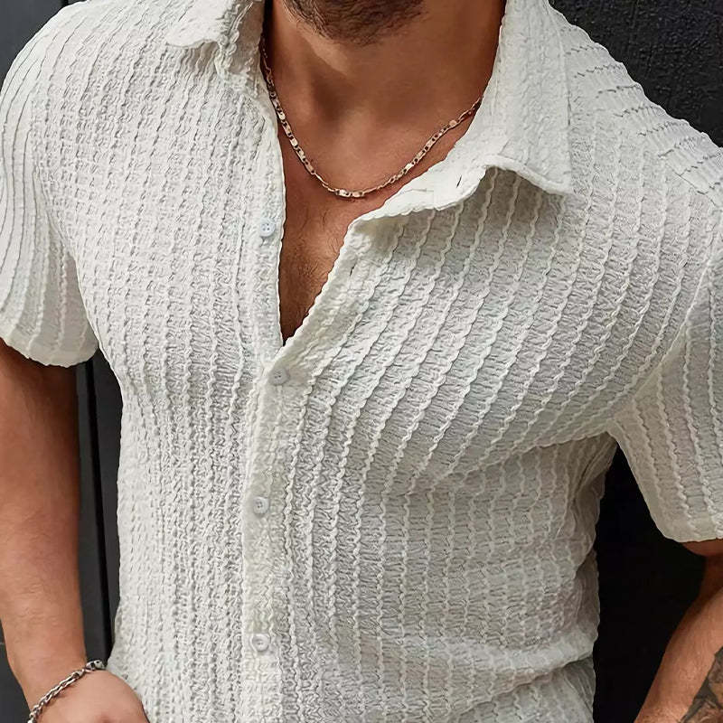 Weißes, schmales Kurzarmhemd mit Jacquard-Textur für Herren